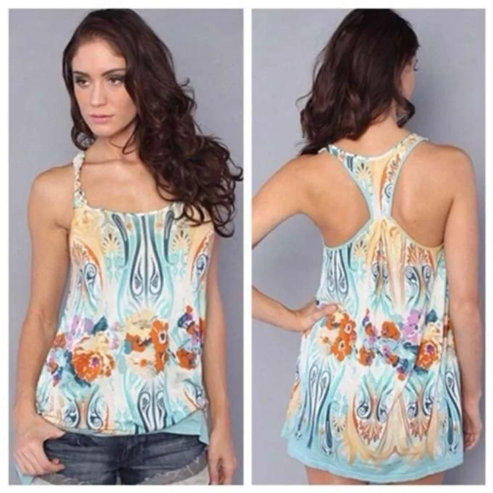 Free People Boho Y2K Floral Printed Racerback Tunic Tank Top